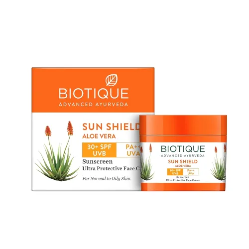 Image of Biotique Sun Shield Aloe vera 30+ SPF UVB Sunscreen Ultra Protectective Face Cream, 50g.