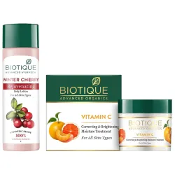 Biotique Vitamin C Correcting and Brightening Non Greasy Face Cream for All Skin Types, 50g & Biotique Winter Cherry Rejuvenating Body Lotion For All Skin Types, 190ml