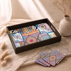 Birch & Co. Wooden Tray For Serving-Free 4 Coasters-10 Inch X 15 Inch-Serving Tray-Tray Set For Decoration-Tea Trays-Big Coffee Tray-Premium Mdf Trey-Wooden Serving Trays-Resin Tray,Round