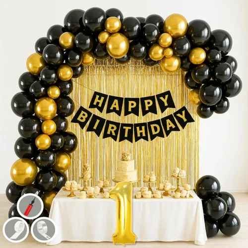Image of 1st Birthday Decoration Kit – Gold & Black Theme, 50 Balloons, Banner, Foil Curtain (50 Pc)