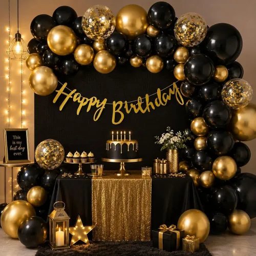 Image of Black and Golden Balloons Birthday Decoration Kit - 37Pcs