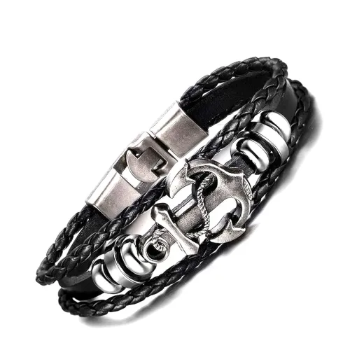 Image of Black Braided Leather Bracelet For Men