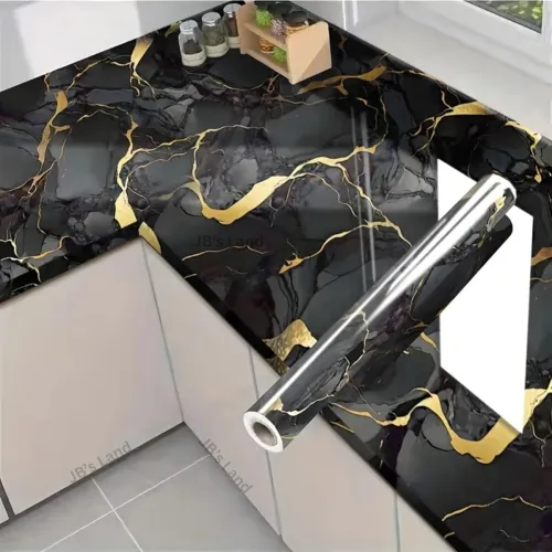 Image of Premium Black & Gold Marble Peel-and-Stick Wallpaper | Anti-Scratch, Moisture-Proof, Washable, Easy DIY for Kitchen, Bat