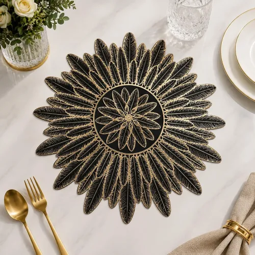 Image of Black Gold Leaf Design PVC Table Mat 