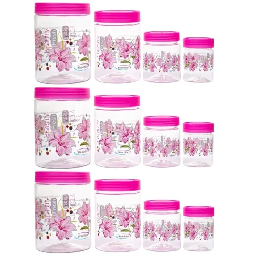 Image of Black Olive Floral Printed Kitchen Storage Jar Set - Plastic Storage Organiser with Airtight Lids & Spoons, 1200ml, 650m