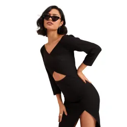 Black Rib Side Slit Wrap Neck Cut-Out Midi Dress