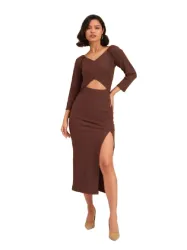 Black Rib Side Slit Wrap Neck Cut-Out Midi Dress
