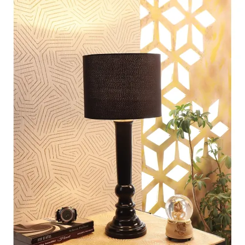 Image of Black Table Lamp with Wooden Base