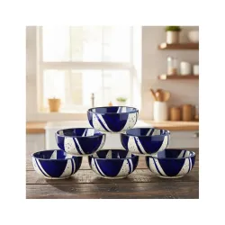 BLACKCARROT Ceramic Bowl Set of 6, Microwave Safe, Blue Splash Design