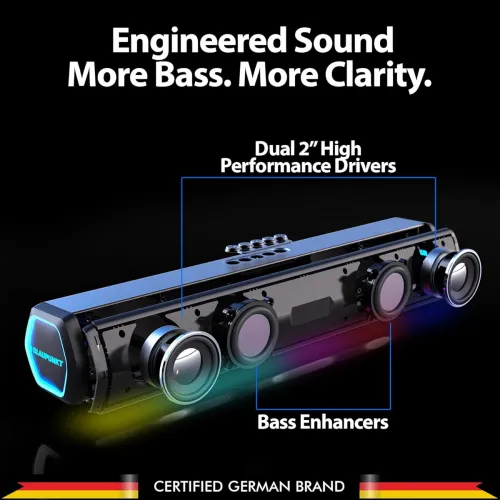 Image of Blaupunkt Newly Launched SBA20 Pro 25W Bluetooth Soundbar with 2000mAh Battery I RGB Lights I Honeycomb Design I AUX, Bl