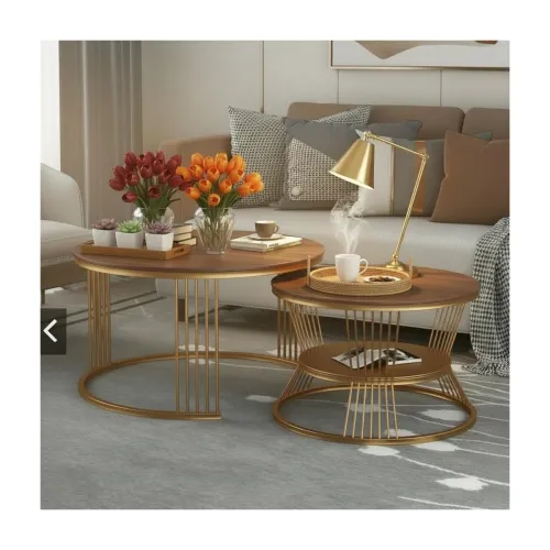 Image of BLISS HOME DECOR Iron Frame Handmade Round Coffee Table / Nesting Table / Side Table / Center Table with Engineered Wood