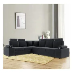 Blisscraft Pinestan Fabric 6 Seater Corner L Shape Sofa with Headrest (Dark Grey)