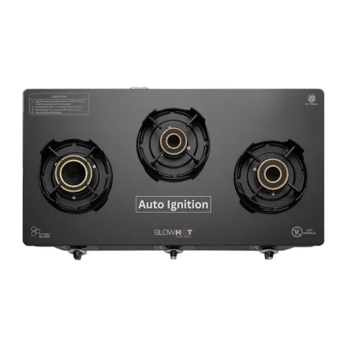 Image of BLOWHOT Auto Ignition 3 Burner Gas Stove Premium Design Tornado Burners With, Toughened Glass Cook Top, Valve & Glass - 