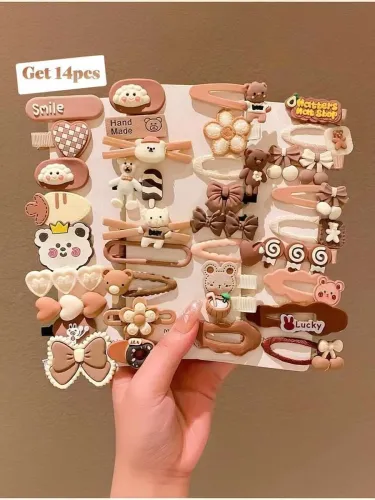 Image of Blubby 14 Pcs Cute Cartoon Hair Clips Set for Girls & Kids Hair Pin (Brown)
