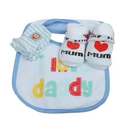 Image of Babies Bloom Blue and White Baby Bib and Mittens Set