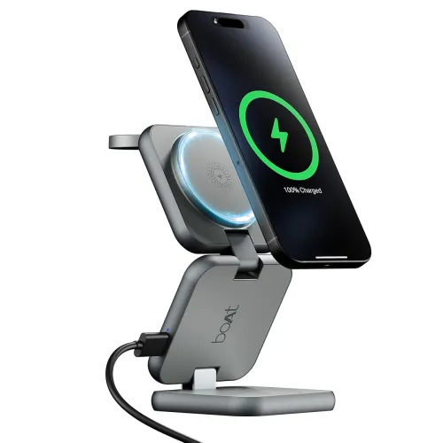 Image of Boat FlexCharge 360 3-in-1 15W Wireless Charger, Foldable, Magnetic Magsafe & Multi-Angle Charging; LED Indicator & Anti