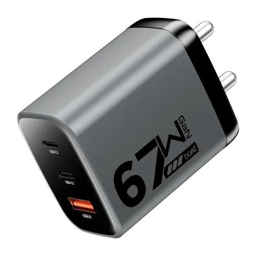 Image of boAt 67W Fast Charger – GaN Tech, 3 Ports, Ash Grey