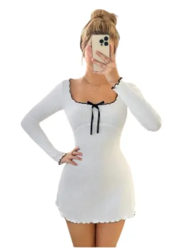 Image of JC JUMMY COUTURE Bodycone Pico Long Sleeve Contrast Trim Casual White Square Neck Bow Dress
