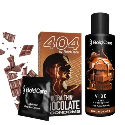 Bold Care 404 Super Ultra Thin Chocolate Flavored Condoms For Men - 60 Microns - 10 Units + Bold Care Vibe - Natural Personal Lubricant for Men & Women - Premium Chocolate Flavour - 100 ml -...
