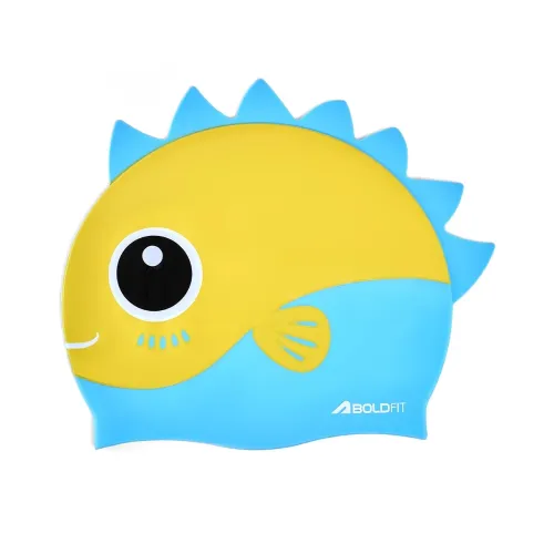 Image of Boldfit DinoSplash Kids Swimming Cap Fun Yellow & Blue Dinosaur Theme Non-Slip Silicone Swim Cap for Boys & Girls (Age 3