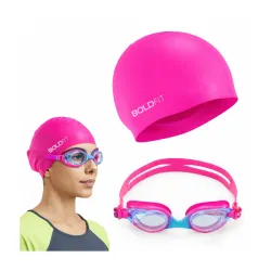 Boldfit Swimming Cap & Goggles Set for Men & Women - Silicone Cap & Anti-Fog Goggles - Roseo Blue - Swimming Safety Set