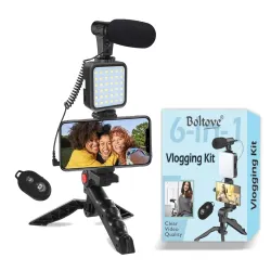 Boltove Vlogging Kit 6-in-1 with Tripod, LED & Microphone