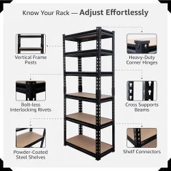 BonKaso Adjustable 6-Shelf Metal Storage Rack | Heavy-Duty Steel Boltless Rivet Utility Shelving Unit for Garage, Kitche