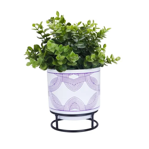 Image of BonKaso Metal Pot White with Round Stand Leaf 13 x 13 cm