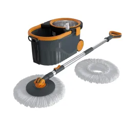 Bonkaso Spin Mop with Stainless Steel Wringer & Big Wheels | 360° Rotating Mop, Adjustable Handle | Easy Floor Cleaning Bucket Set with 2 Microfiber Refills – Grey & Orange (46 x 26.5 x 23 c...