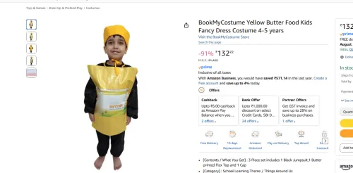 Image of BookMyCostume Yellow Butter Food Kids Fancy Dress 