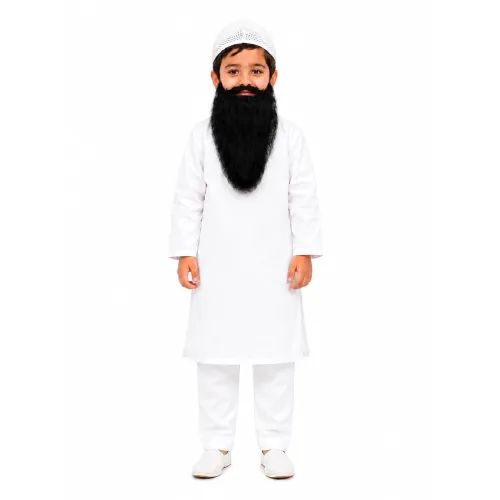 Image of BookMyCostume Muslim Man White Kurta Pyjama with Beard Indian Fancy Dress Costume 2-3 Years