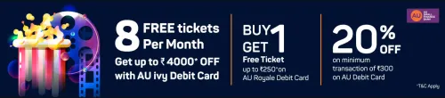 Image of BookMyShow Offer : Buy 1 ticket and Get 1 Free upto ₹500 with AU ivy Debit Card