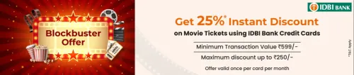 Image of BookMyShow Offers: 25% Discount upto ₹250 With IDBI Bank Credit Cards On Minimum Spends of ₹500