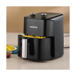 Borosil 4.5 L Best 1380W Air Fryer | 4 in 1 Function with QuickFry Technology, Auto Off Function | Air Fryer for Bake, Grill, Roast, Reheat etc. | 90% Less Oil | 2 Year Warranty | Black