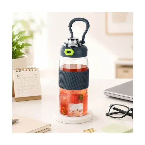 Image of Borosil 600ml POPI Grey Borosilicate Glass Water Bottle with Sipper Lid