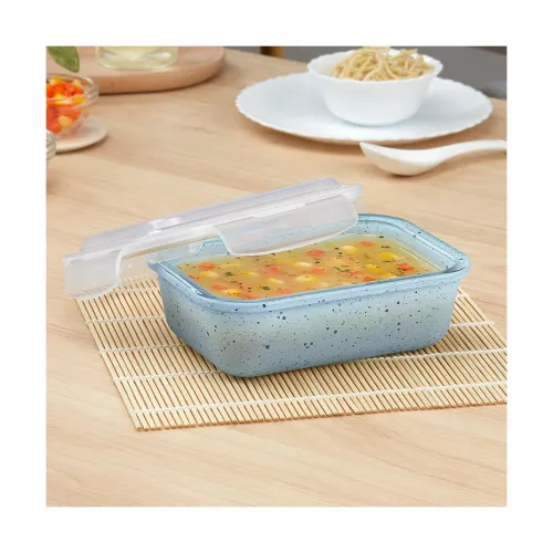 Image of Borosil 640 ml Blue Food Storage Container with Air Tight Lid | Rectangle Shape Borosilicate Glass Organiser | Microwave