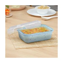 Borosil 640 ml Blue Food Storage Container with Air Tight Lid | Rectangle Shape Borosilicate Glass Organiser | Microwave