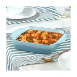 Borosil 800 ml Baking & Serving Dish with Handle | Borosilicate Glass Square Shape Bakeware and Serveware Casserole Dish Tray | Microwave, Oven & Dishwasher Safe Bowl (Blue)
