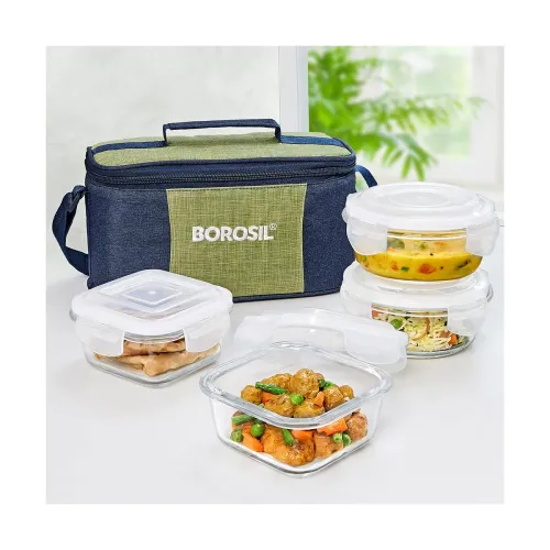 Image of Borosil Ace 4pc Glass Lunchbox Set with Bag