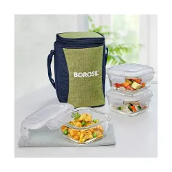 Borosil Ace Lunchbox with Bag | 3pc Square Container Set (320ml Each) | Made in India Borosilicate Glass Tiffin | Microwave & Dishwasher Safe Lunch Box for Office, College & School
