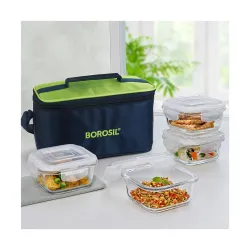 Borosil Alfa Green Borosilicate Glass Lunch Boxes Set of 4 (320 ml Each)