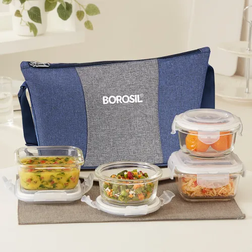 Image of BOROSIL Alora Daisy Borosilicate Glass Lunchbox, 4pc Set (320ml x 2 + 240ml x 2)