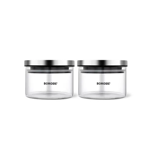 Image of Borosil Classic Jar (300ml x 2) with Stainless Steel Lid | Borosilicate Glass Storage Organiser | Microwave & Dishwasher
