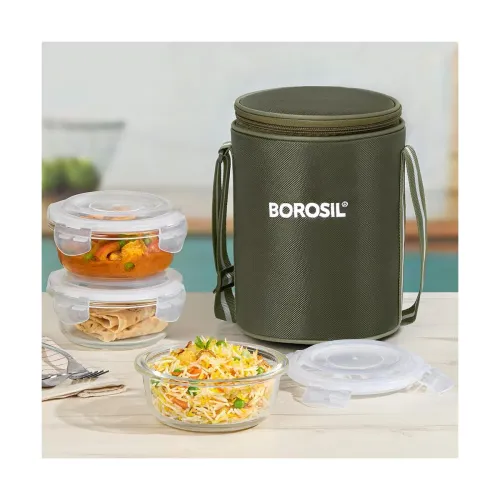 Image of Borosil Eateasy Borosilicate Glass Lunchbox with Bag | 3 pc Round Container Set (400 ml Each) | Microwave & Dishwasher S