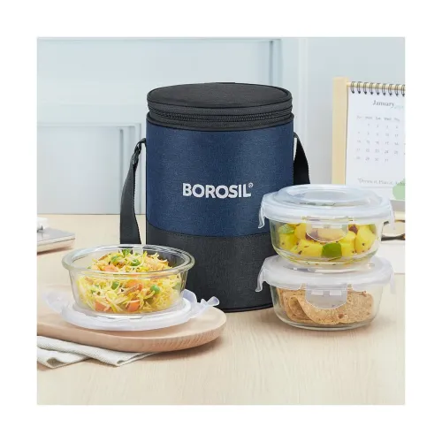 Image of Borosil Elite Lunchbox | 400ml x 3 Round Container Set | Made in India Borosilicate Glass | Microwave & Dishwasher Safe 