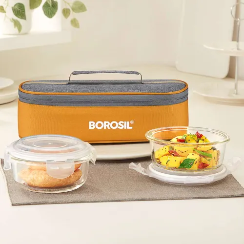 Image of BOROSIL Glass Lunchbox, 2 pc Round Set (400ml Each), Horizontal Tiffin 2 Containers Glass Office Lunch Box (640 ml)