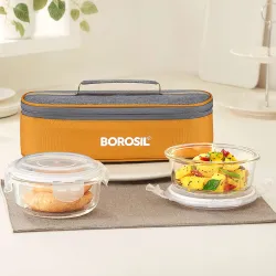 BOROSIL Glass Lunchbox, 2 pc Round Set (400ml Each), Horizontal Tiffin 2 Containers Glass Office Lunch Box (640 ml)
