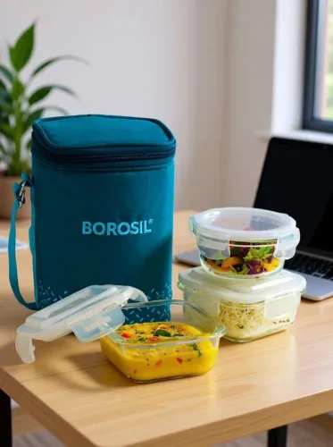 Image of Borosil Glass Office Lunch Box with Teal Bag, 3-Piece (880ml)
