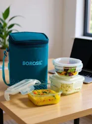 Borosil Glass Office Lunch Box with Teal Bag, 3-Piece (880ml)