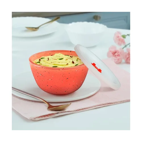 Image of Borosil 500ml Kube Pink Serving & Mixing Bowl with Lid | Made in India Borosilicate Glass Bowl for Kitchen & Dinning | B